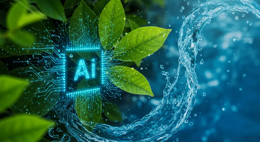 Abstract image showing AI technology intertwining with natural elements like leaves and water, symbolizing the ethical application of AI for environmental sustainability and climate change solutions.
