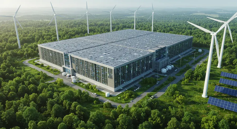 A large data center with green energy elements like solar panels and wind turbines, showing a blend of technology and nature, symbolizing environmental impact and sustainability.