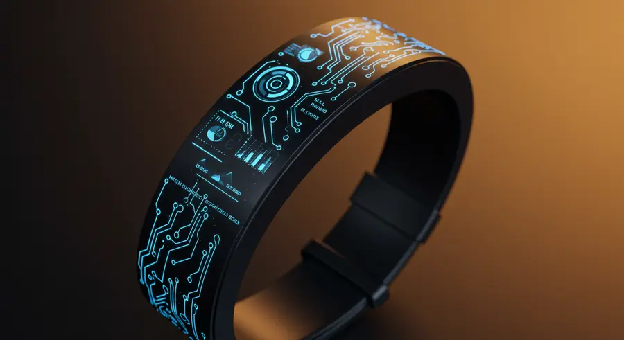 Futuristic wearable technology with integrated artificial intelligence, sleek design, glowing circuits, data visualization