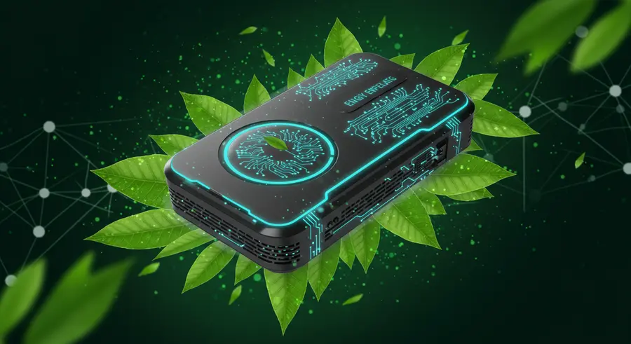 A futuristic, energy-efficient edge computing device surrounded by green leaves and a subtle glow, symbolizing sustainability and advanced technology.