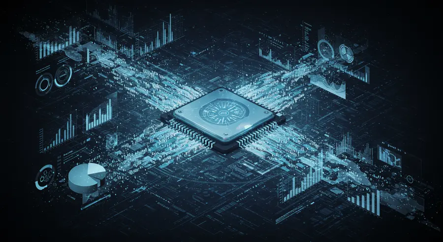 Visually engaging image representing real-time data processing, with streams of data flowing into a central processing unit, surrounded by charts and graphs, and subtle futuristic elements.