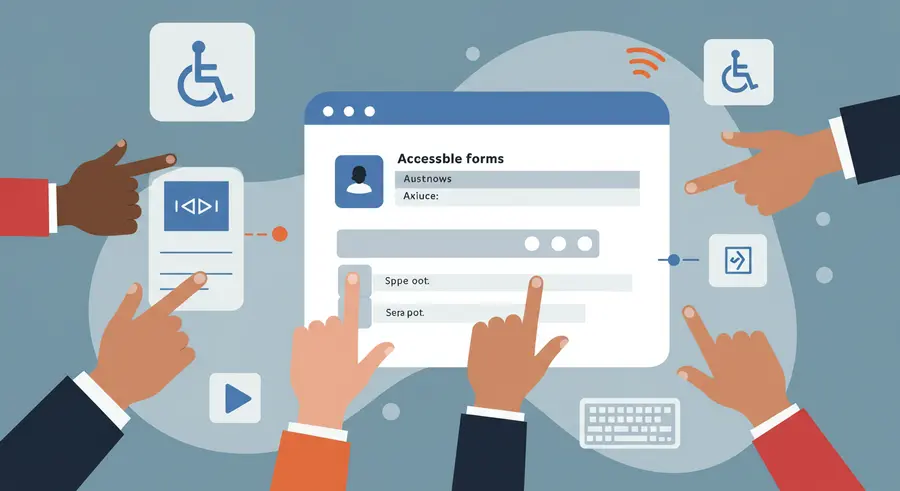 An abstract image representing accessible web forms, with diverse hands interacting with form fields, and subtle accessibility icons like a keyboard and a screen reader icon in the background.