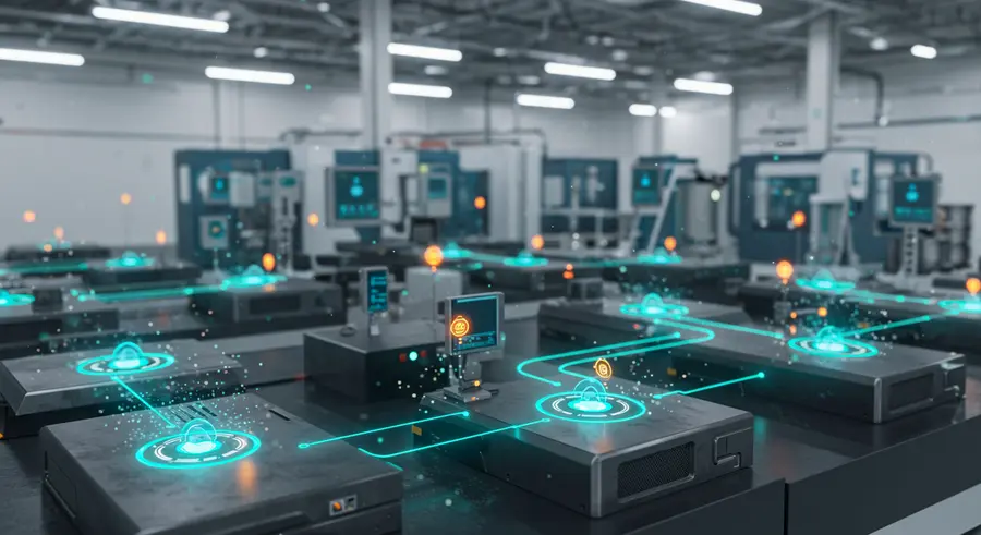 Industrial automation system with edge computing devices, sensors, and data flow represented by glowing lines, set in a modern factory environment. Emphasize low latency and secure data processing.