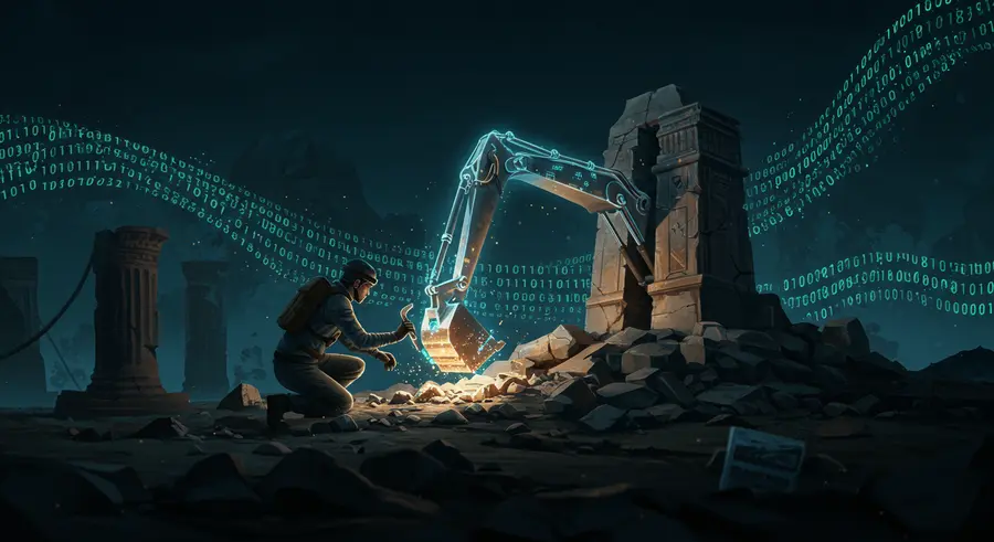 An image illustrating the fusion of ancient archaeology and digital data preservation.