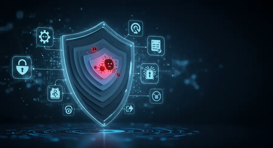 Digital shield protecting a network from malware with layers of security measures, depicting robust malware prevention techniques.