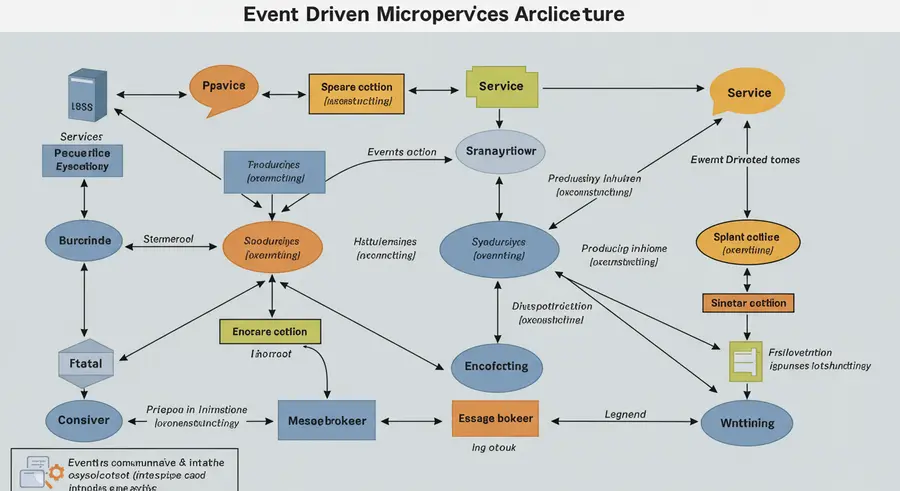 Event-driven microservices architecture diagram showing events flowing between different services