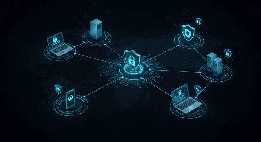 A futuristic network topology diagram illustrating multiple endpoints (laptops, servers, mobile devices) protected by a central security platform, with lines representing secure data flow and shields indicating protection against various cyber threats like malware, ransomware, and phishing. The color scheme should be dark with glowing blue and green accents to represent cybersecurity. The image should convey strong defense and advanced threat intelligence.