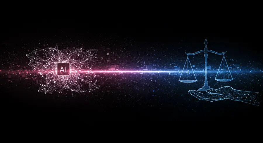 Abstract image representing the delicate balance between advanced AI technology and human ethical considerations, guided by strong governance.