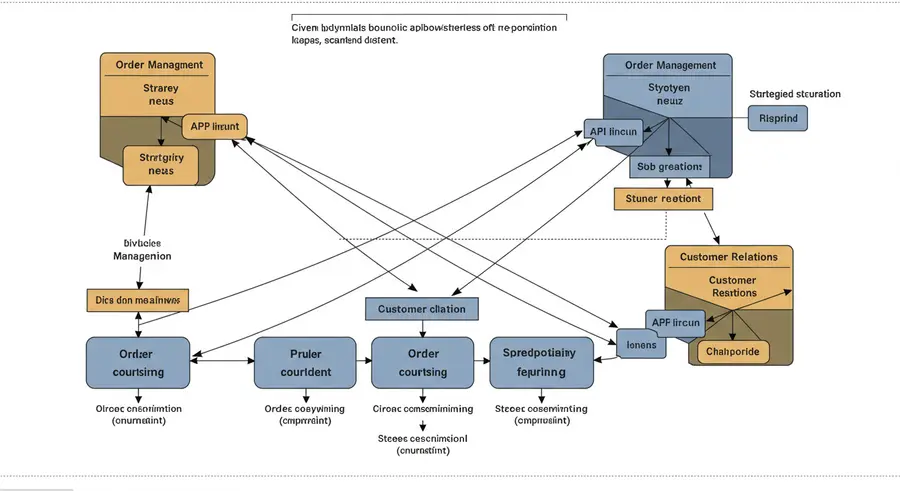 Complex architectural diagram illustrating multiple interconnected bounded contexts. Each context has a clear name (e.g., 'Order Management', 'Customer Relations') and distinct boundaries. Arrows show data flow or API calls between contexts, emphasizing clarity, modularity, and strategic separation.