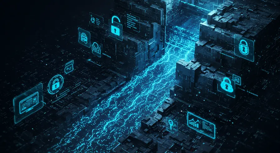 Multi-layered digital fortress protecting data flow, with secure coding, firewalls, and data encryption icons