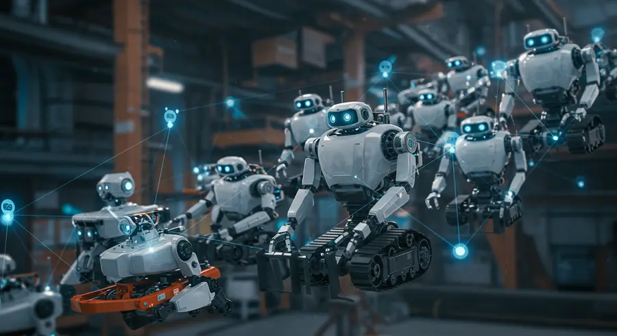 A swarm of diverse robots coordinating to perform various tasks. The robots should look futuristic and busy, with glowing lines representing communication and task allocation pathways between them. The background can be a stylized industrial or urban environment, suggesting broad application.