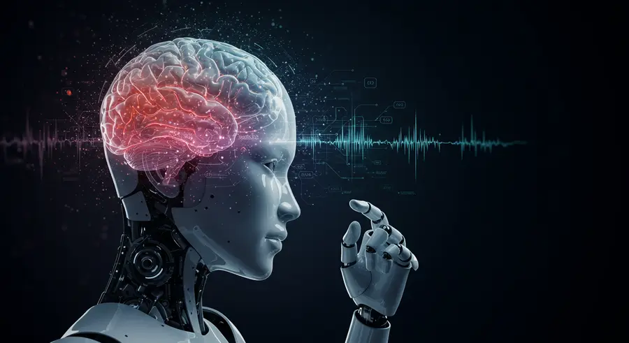 futuristic brain interface, subtle brain waves, seamless human-computer interaction, learning, robot, neural network, abstract, cybernetic