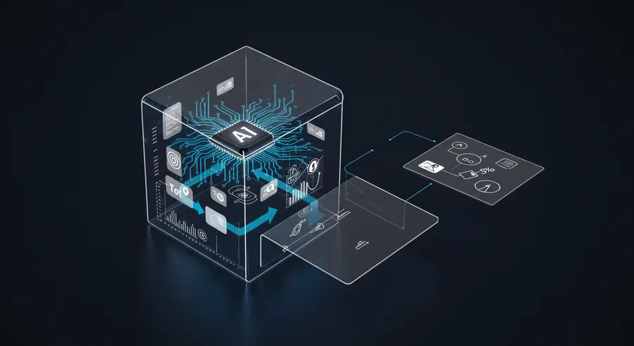 Conceptual image of a transparent or opened "black box" representing AI, with data flowing through it and insights emerging. Emphasize clarity, understanding, and trust in AI systems.