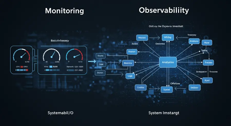 Conceptual diagram showing the difference between monitoring and observability.