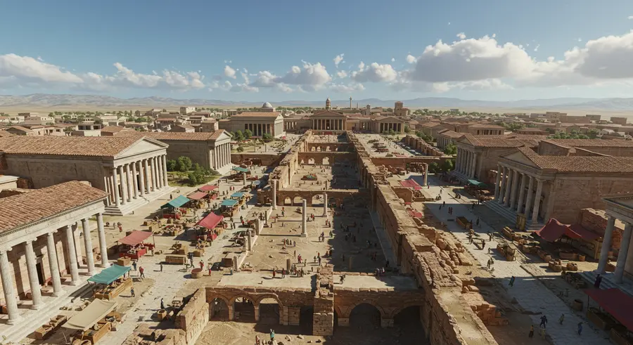 A highly detailed and immersive virtual reality reconstruction of an ancient Roman city at its peak, with vibrant colors, bustling market scenes, and architectural grandeur.