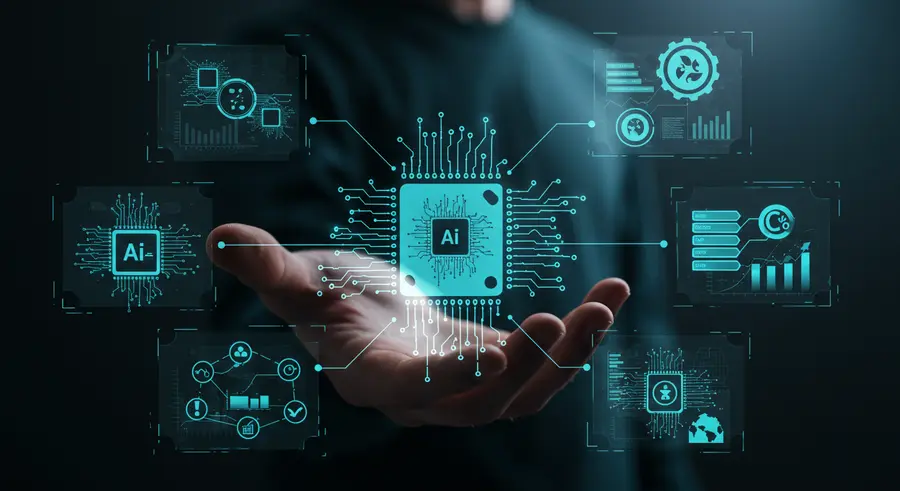 A conceptual image depicting the convergence of Artificial Intelligence and GreenOps in platform engineering. Show interconnected nodes representing AI algorithms analyzing data streams, alongside visualizations of energy efficiency, reduced carbon footprint, and optimized resource utilization. Use elements like circuit board patterns, stylized leaves or eco-friendly motifs, and subtle glow effects to convey innovation and sustainability. The overall aesthetic should be modern, clean, and forward-looking, with a 16:9 ratio.