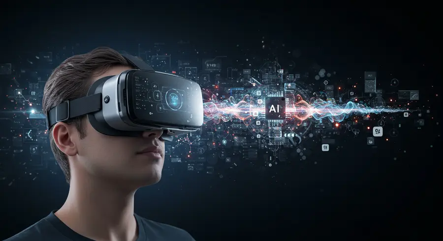 A futuristic scene where a person is wearing a sleek VR headset, and the virtual world they are experiencing is dynamically generated and influenced by glowing abstract AI elements flowing around them, showing a blend of digital and organic forms. The image should convey innovation, immersion, and the synergy between human and AI technology.
