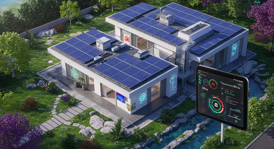 Futuristic smart home with integrated solar panels and a visible energy flow dashboard, emphasizing energy efficiency and sustainability