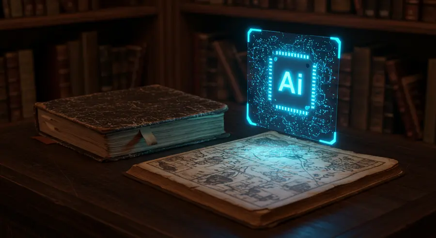 AI illuminating ancient texts and maps, symbolizing the blend of technology and historical research.
