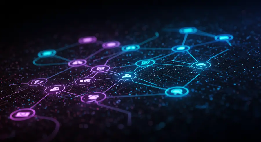 Network of interconnected microservices with glowing lines representing data flow and distributed traces
