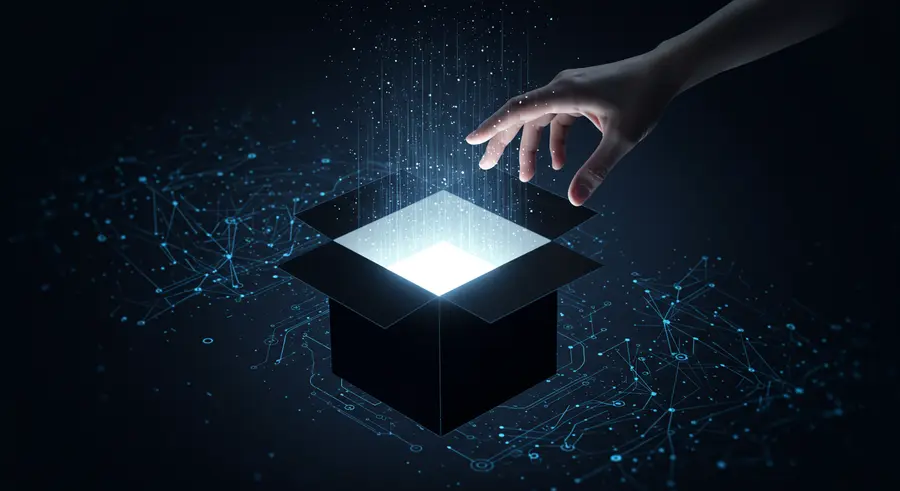 An abstract image showing a complex machine learning black box being opened, with light and insights spilling out, symbolizing model interpretability and explainable AI.