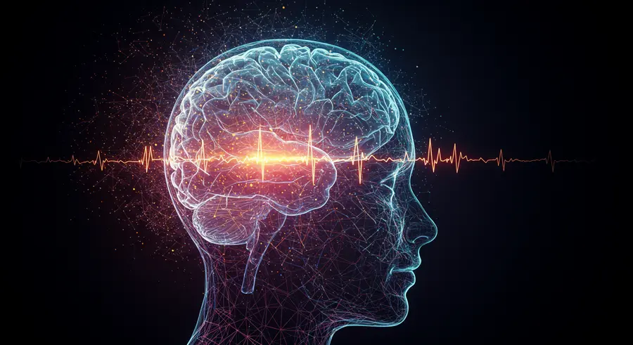 Futuristic brain interface with glowing connections, representing societal impact of neurotechnology, ethical considerations, digital art
