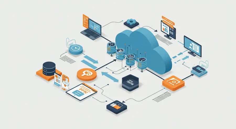 Cloud computing with automated testing symbols, showing scalability and efficiency, with interconnected nodes and data flow.