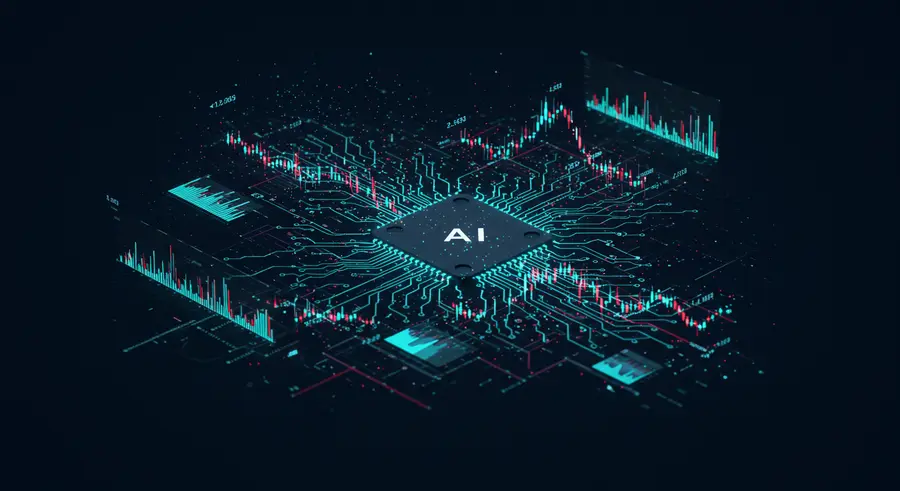 Abstract representation of AI neural networks interacting with stock market charts and financial data, with a futuristic, clean design and subtle glow. Emphasize data flow and intelligent decision-making.