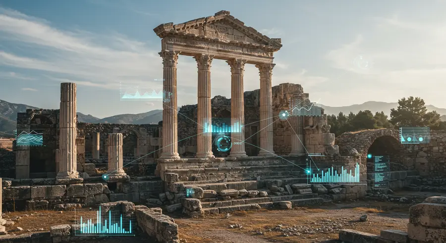 Digital rendering of ancient ruins with holographic data overlays, representing the fusion of cultural heritage and informatics.