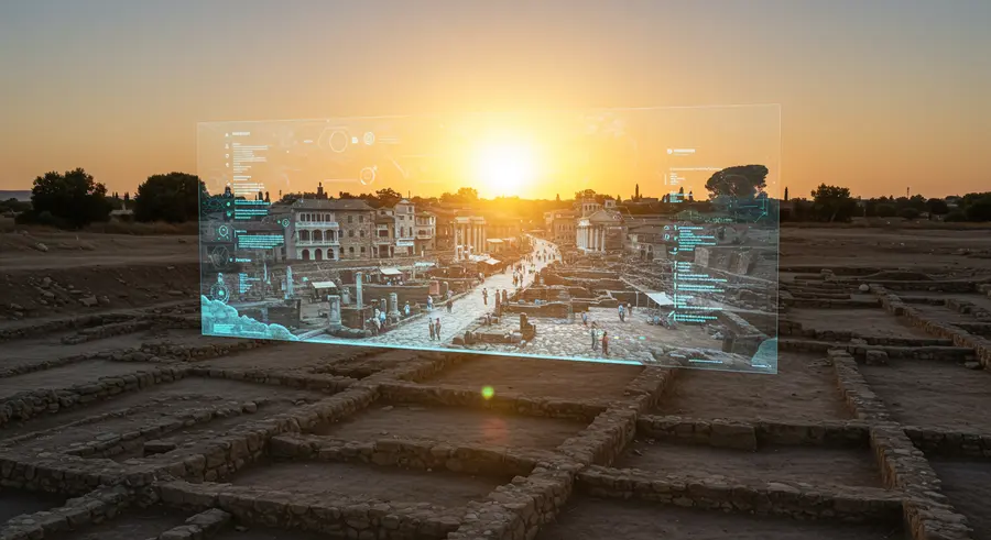 Holographic projection of an ancient city over an archaeological dig site.
