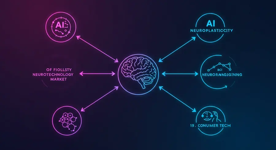 Diagram showing interconnected nodes representing Neurotechnology Market, AI, BCI, Neuroplasticity, Neuroimaging, Consumer Tech with arrows indicating growth and influence. Futuristic, clean lines, digital aesthetic.