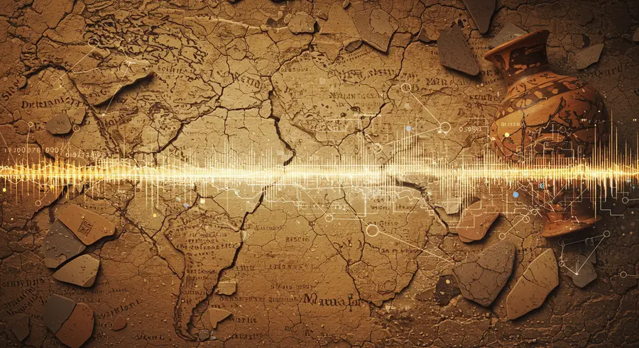 Conceptual image blending ancient historical elements with modern data visualization