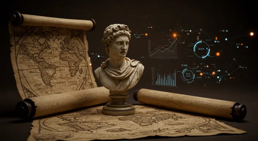 A striking image combining ancient historical artifacts (like an old map, a scroll, or a classical bust) with modern digital data visualization elements (like glowing data points, connecting lines, or a subtle graph overlay). The style should be a blend of historical depth and futuristic insight, reflecting the theme of 'unearthing the past through data'. Use a dark, rich color palette with contrasting bright data elements.