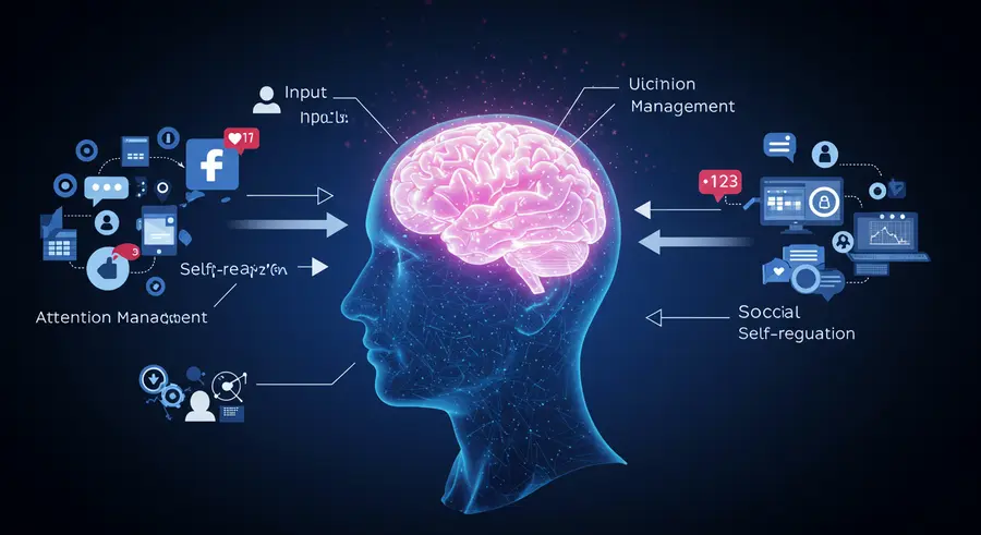 Conceptual diagram of a human head with a glowing brain, surrounded by digital elements like social media icons, notifications, and data streams. Arrows indicate 'Input' from the digital elements to the brain, and 'Output' from the brain back to the digital elements, representing control and response. Text labels include 'Digital Self,' 'Attention Management,' 'Social Presence,' and 'Self-Regulation.' The overall style should be clean, modern, and slightly abstract, emphasizing the interplay between human cognition and digital technology. The color scheme should be cool tones like blues and purples, with bright highlights for energy flow.