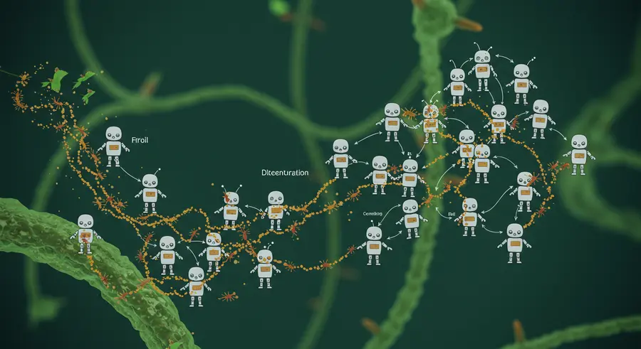 Conceptual diagram of swarm robotics, showing small robots forming a complex pattern through decentralized interaction.
