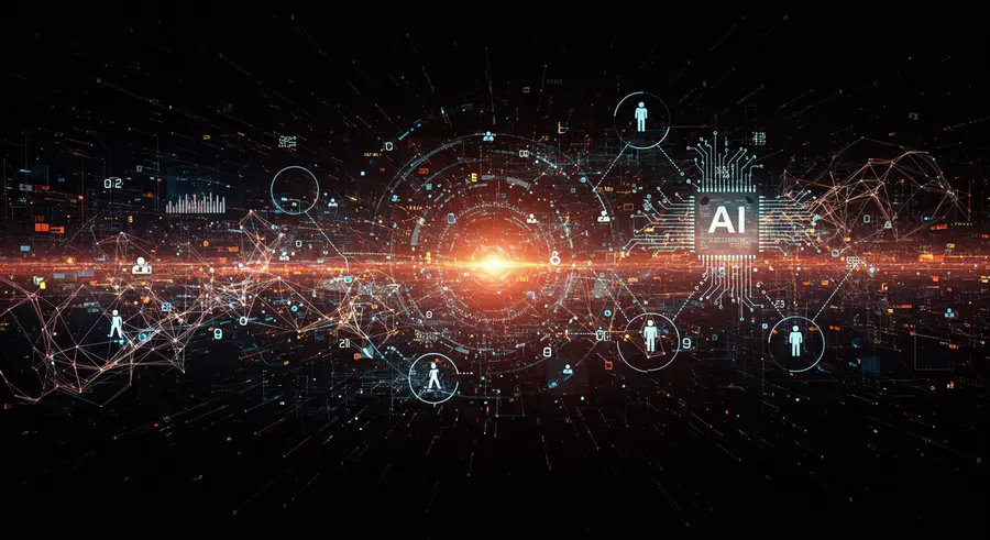 Visual representation of decentralized autonomous agents coordinating and adapting, with an overlay of generative AI enhancing their intelligence.