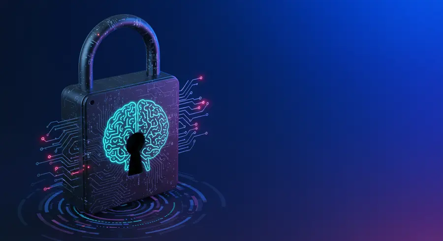 AI and cybersecurity integrating with passwordless authentication, futuristic, secure, digital lock with AI brain elements