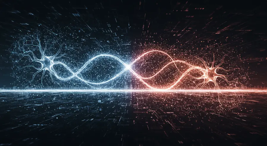 Abstract representation of Generative AI and Swarm Intelligence merging, showing glowing neural networks intertwined with a swarm of small, autonomous agents, set against a futuristic, decentralized cityscape.