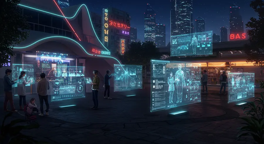 Futuristic cityscape with people collaborating on digital interfaces, representing the democratization of technology